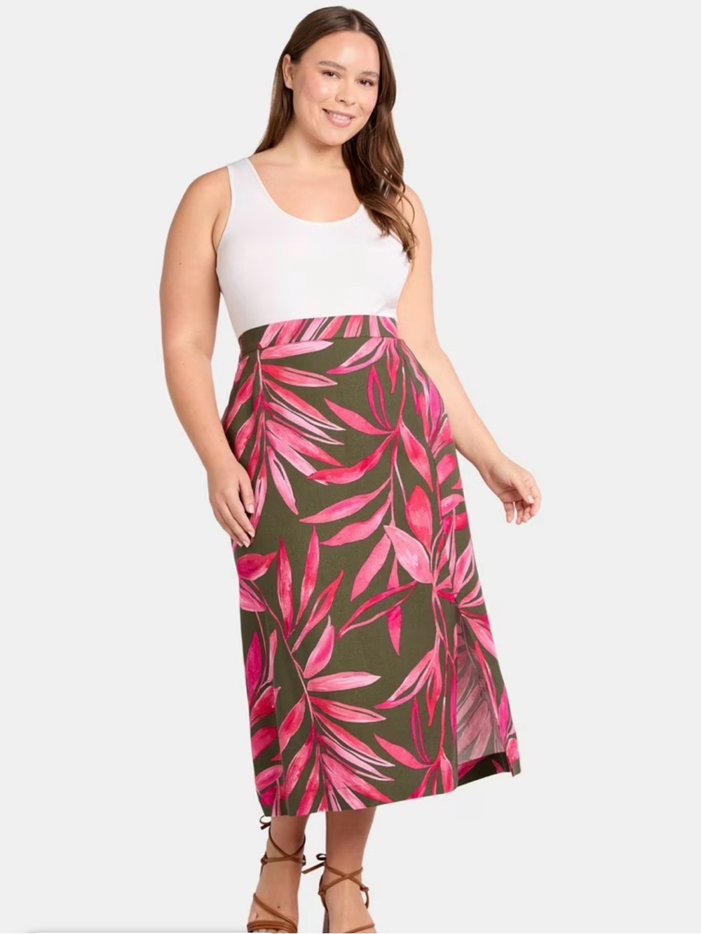 Time and Tru Olive Maxi Skirt with Pink Leaf Print size XL